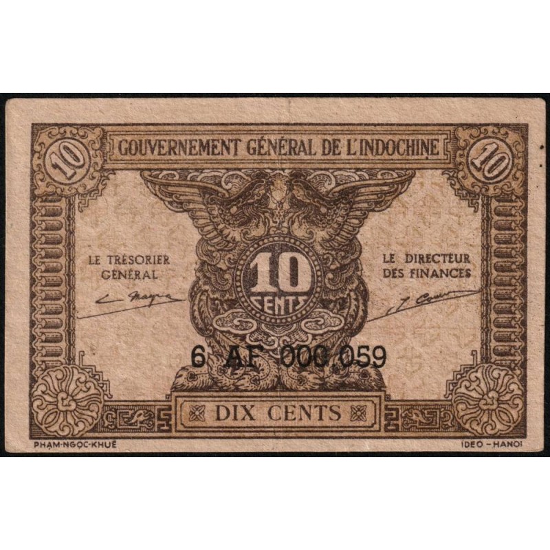 Indochine Française - Pick 89b - 10 cents - Série 6 AF - 1945 - Etat : TTB+ à SUP