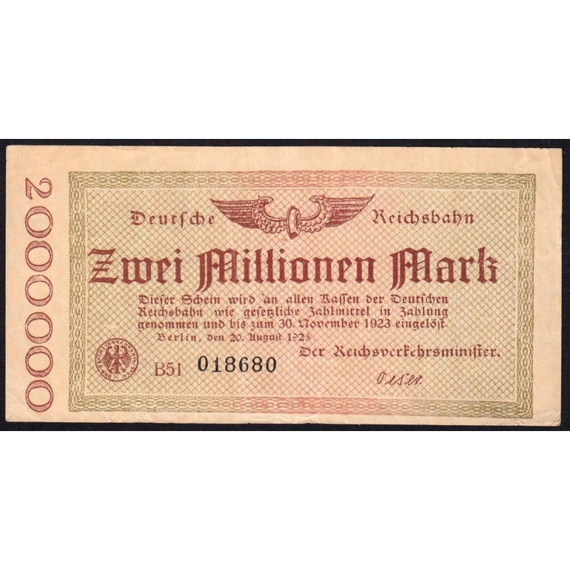 Chemin de fer Berlin - Pick S 1012a_2 - 2 millions mark - 20/08/1923 - Série B51 - Etat : TB+