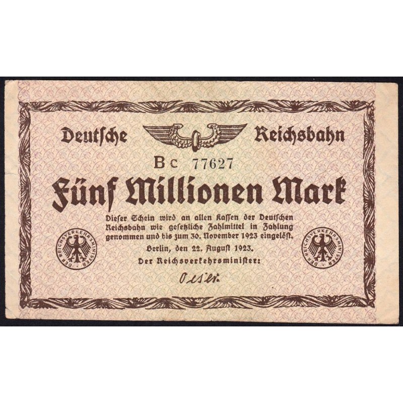 Chemin de fer Berlin - Pick S 1013b_2 - 5 millions mark - 22/08/1923 - Série Bc - Etat : TTB