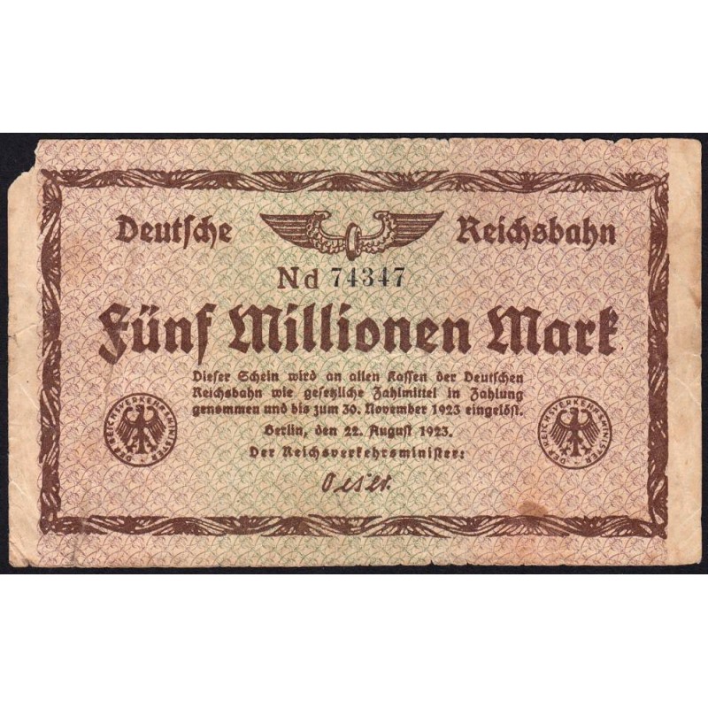 Chemin de fer Berlin - Pick S 1013c_1 - 5 millions mark - 22/08/1923 - Série Nd - Etat : B+