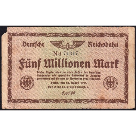 Chemin de fer Berlin - Pick S 1013c_1 - 5 millions mark - 22/08/1923 - Série Nd - Etat : B+