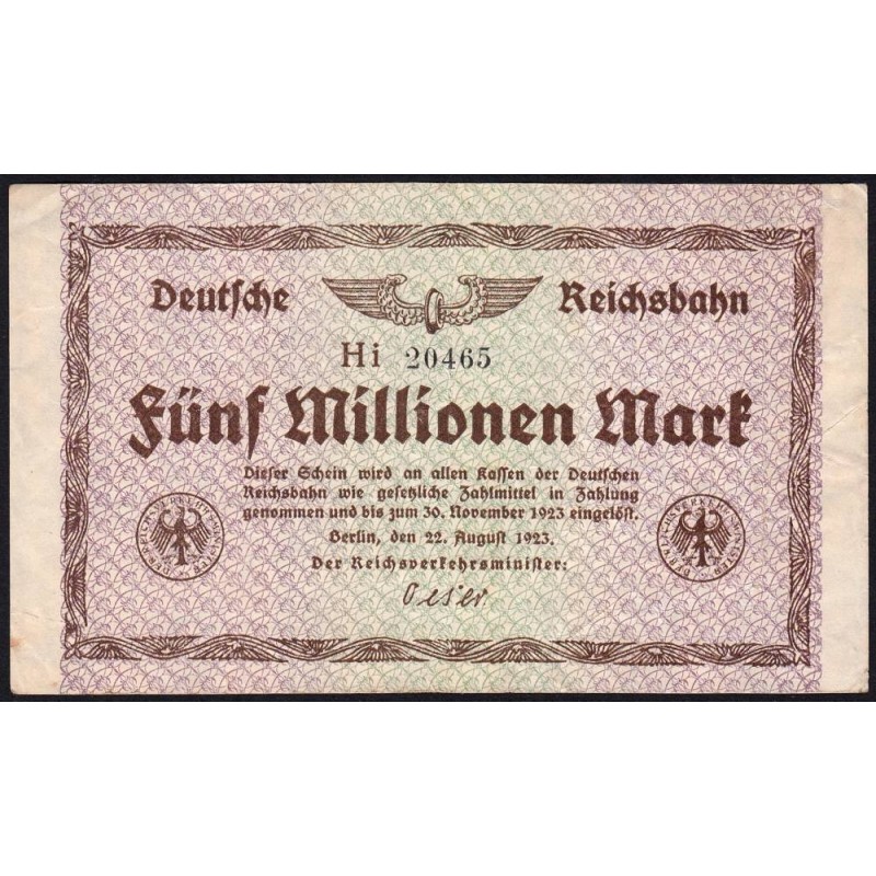 Chemin de fer Berlin - Pick S 1013d_5 - 5 millions mark - 22/08/1923 - Série Hi - Etat : TB+