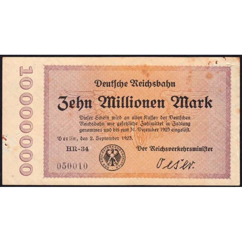 Chem. de fer Berlin - Pick S 1014_2 - 10 millions mark - 02/09/1923 - Série HR-34 - Etat : TB+