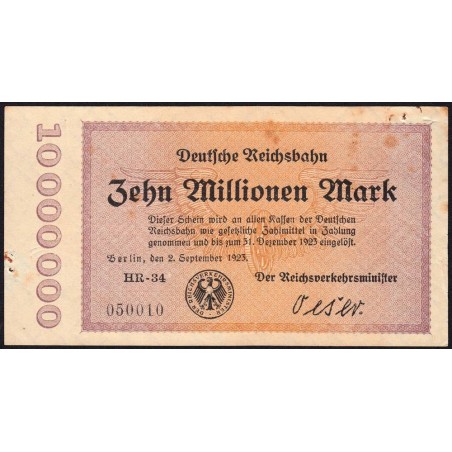 Chem. de fer Berlin - Pick S 1014_2 - 10 millions mark - 02/09/1923 - Série HR-34 - Etat : TB+