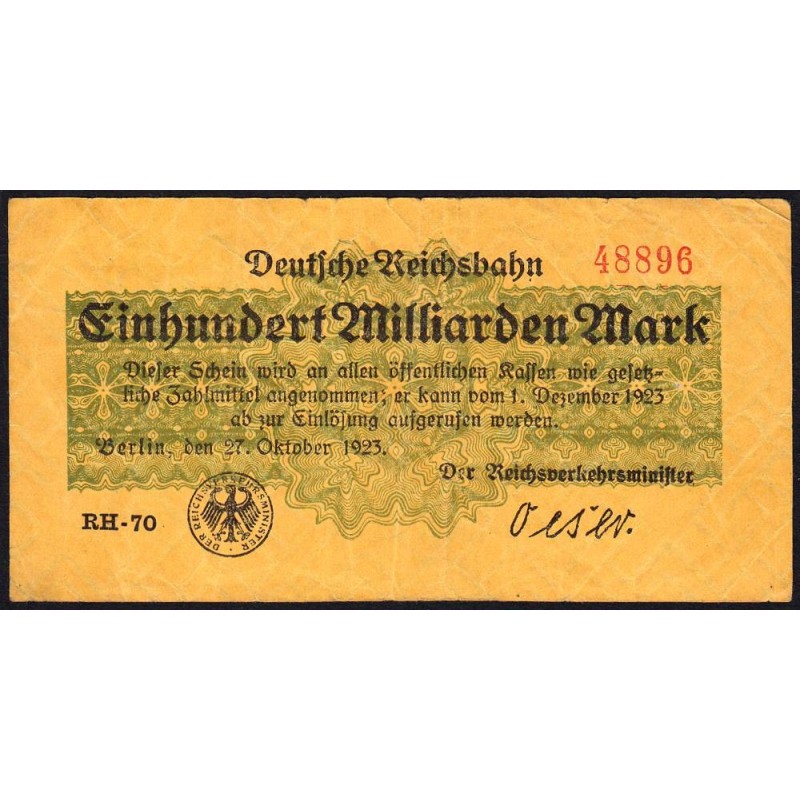 Chemin de fer Berlin - Pick S 1024_1 - 100 milliards mark - 27/10/1923 - Série RH-70 - Etat : TB+