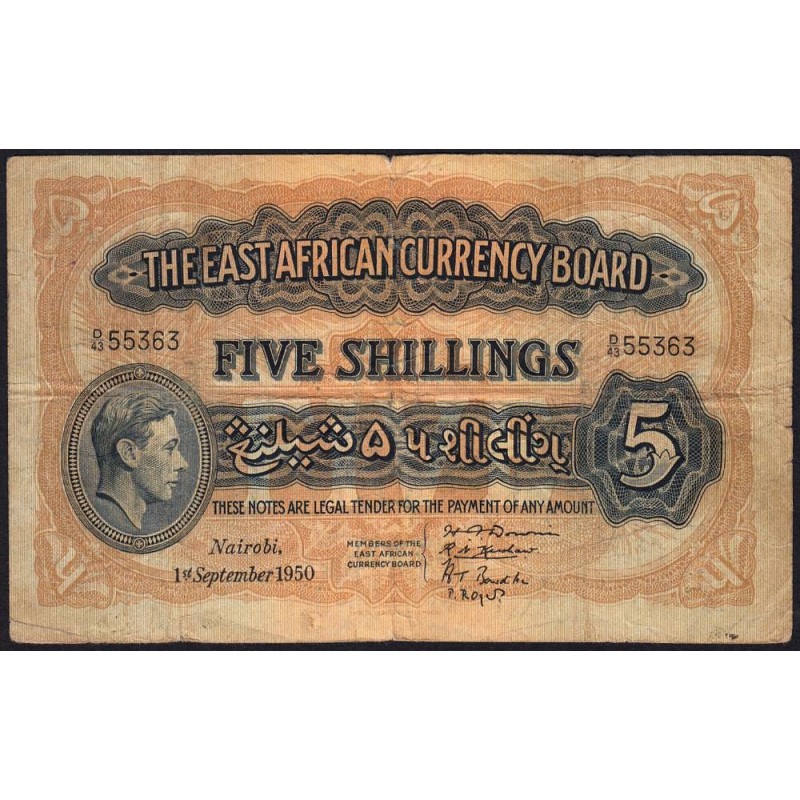 Afrique Orientale Britannique - Pick 28b_4 - 5 shillings - Série D/43 - 01/09/1950 - Etat : B+