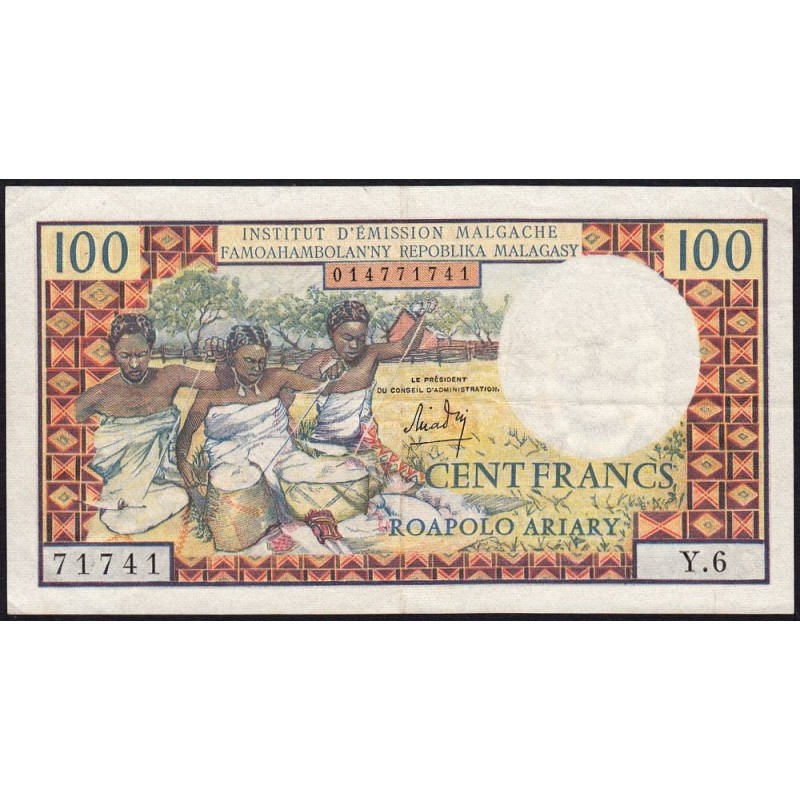 Madagascar - Pick 57a - 100 francs - 20 ariary - Série Y.6 - 1964 - Etat : TTB+