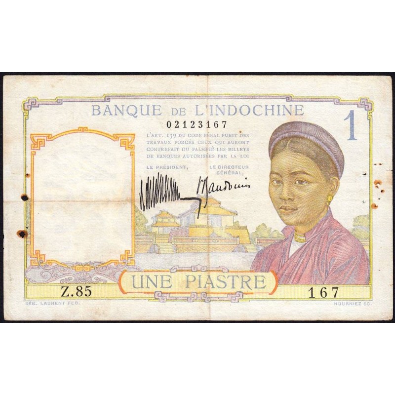 Indochine Française - Pick 52 - 1 piastre - Série Z.85 - 1935 - Etat : TTB-