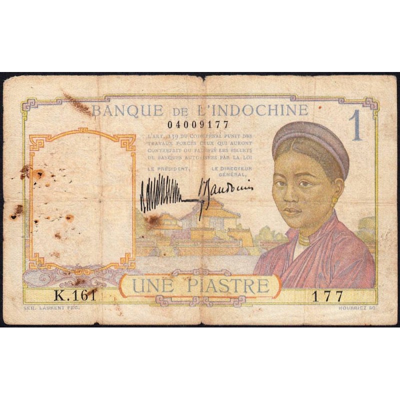 Indochine Française - Pick 52 - 1 piastre - Série K.161 - 1935 - Etat : B+