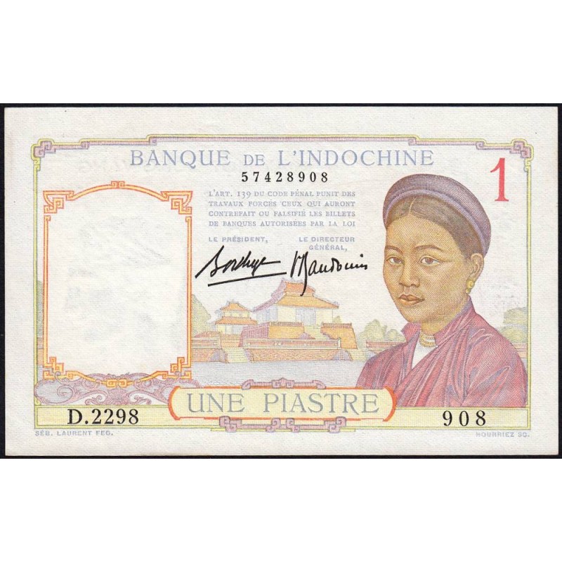 Indochine Française - Pick 54b - 1 piastre - Série D.2298 - 1937 - Etat : SPL+