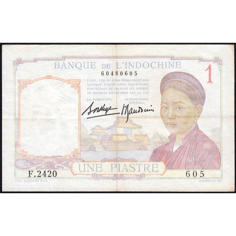 Indochine Française - Pick 54b - 1 piastre - Série F.2420 - 1937 - Etat : TTB+