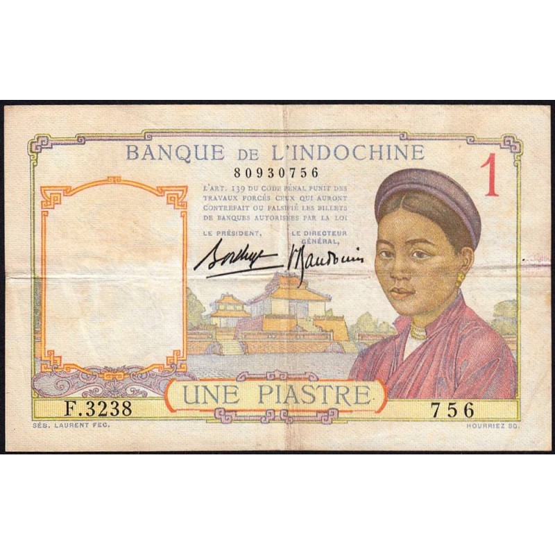 Indochine Française - Pick 54b - 1 piastre - Série F.3238 - 1937 - Etat : TB+