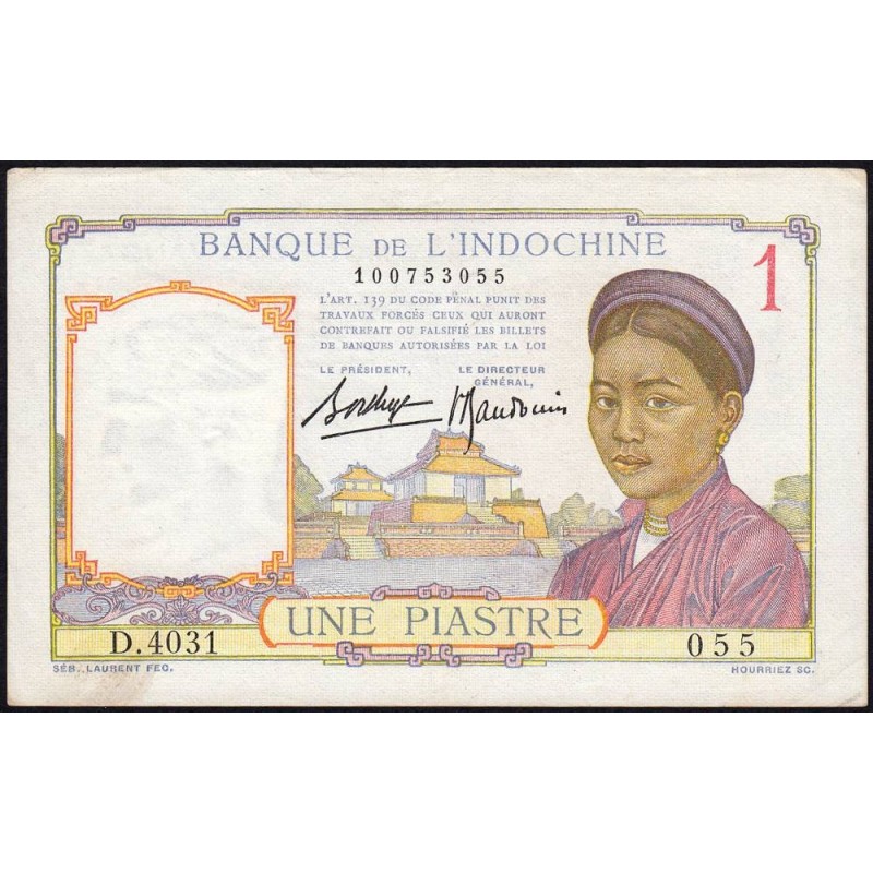 Indochine Française - Pick 54b - 1 piastre - Série D.4301 - 1937 - Etat : SUP