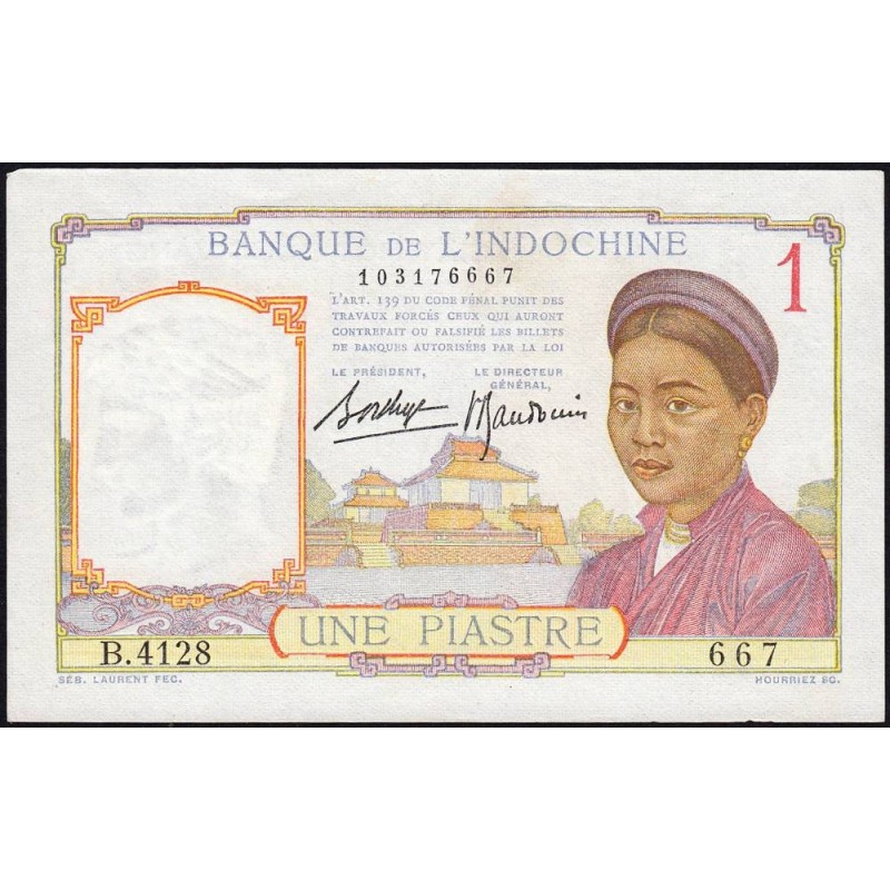 Indochine Française - Pick 54b - 1 piastre - Série B.4128 - 1937 - Etat : SUP+
