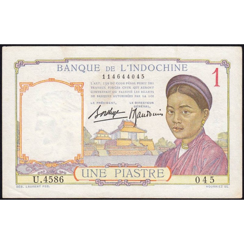 Indochine Française - Pick 54b - 1 piastre - Série U.4586 - 1937 - Etat : SUP
