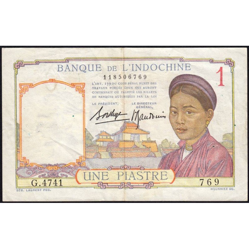 Indochine Française - Pick 54b - 1 piastre - Série G.4741 - 1937 - Etat : TTB