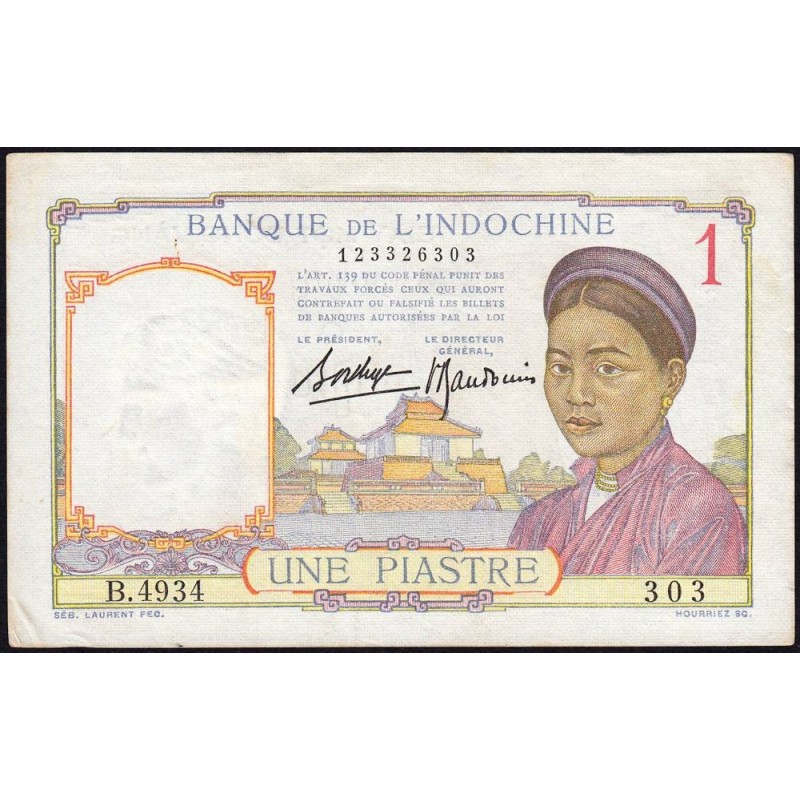 Indochine Française - Pick 54b - 1 piastre - Série B.4934 - 1937 - Etat : TTB+