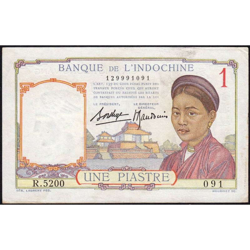 Indochine Française - Pick 54b - 1 piastre - Série R.5200 - 1937 - Etat : TTB+