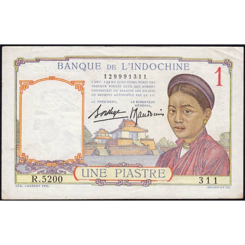 Indochine Française - Pick 54b - 1 piastre - Série R.5200 - 1937 - Etat : TTB+
