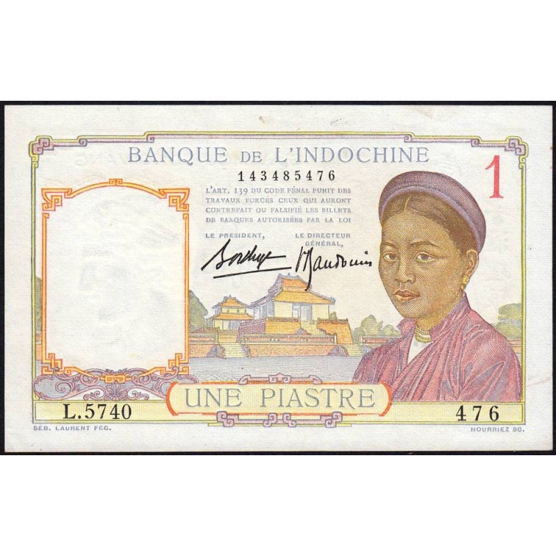 Indochine Française - Pick 54b - 1 piastre - Série L.5740 - 1937 - Etat : SUP