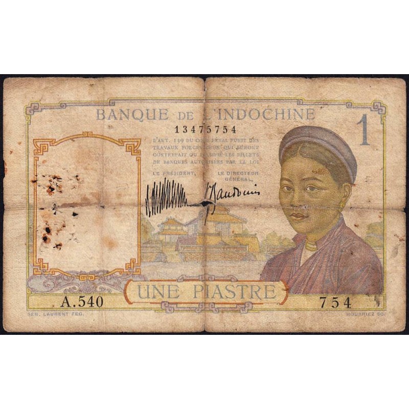Indochine Française - Pick 52 - 1 piastre - Série A.540 - 1935 - Etat : B-