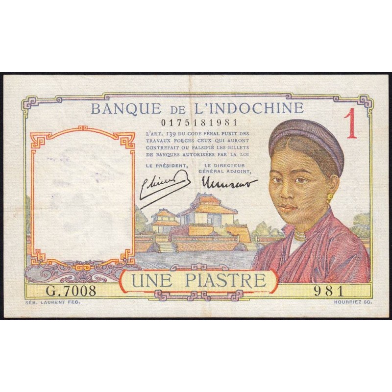 Indochine Française - Pick 54c - 1 piastre - Série G.7008 - 1946 - Etat : TTB