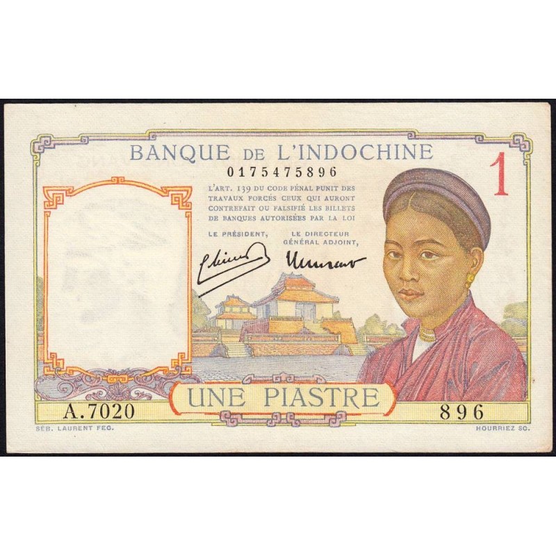 Indochine Française - Pick 54c - 1 piastre - Série A.7020 - 1946 - Etat : SUP+