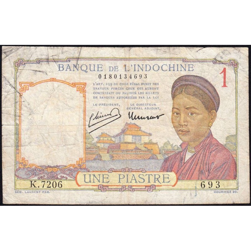 Indochine Française - Pick 54c - 1 piastre - Série K.7206 - 1946 - Etat : B