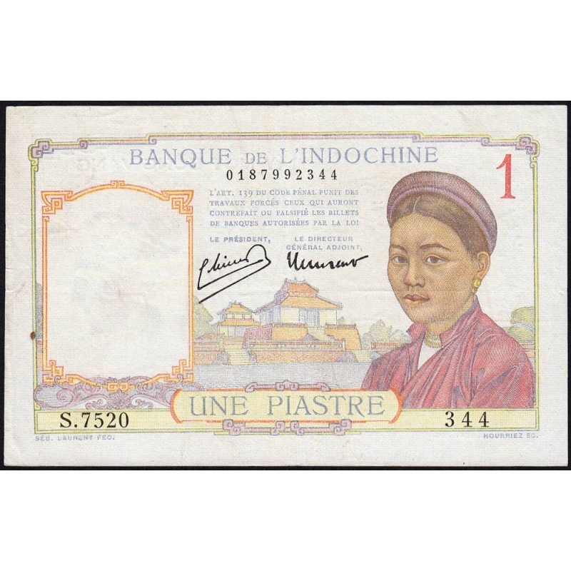 Indochine Française - Pick 54c - 1 piastre - Série S.7520 - 1946 - Etat : TTB
