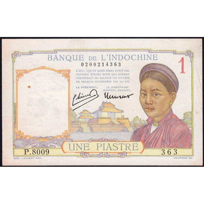 Indochine Française - Pick 54c - 1 piastre - Série P.8009 - 1946 - Etat : SUP
