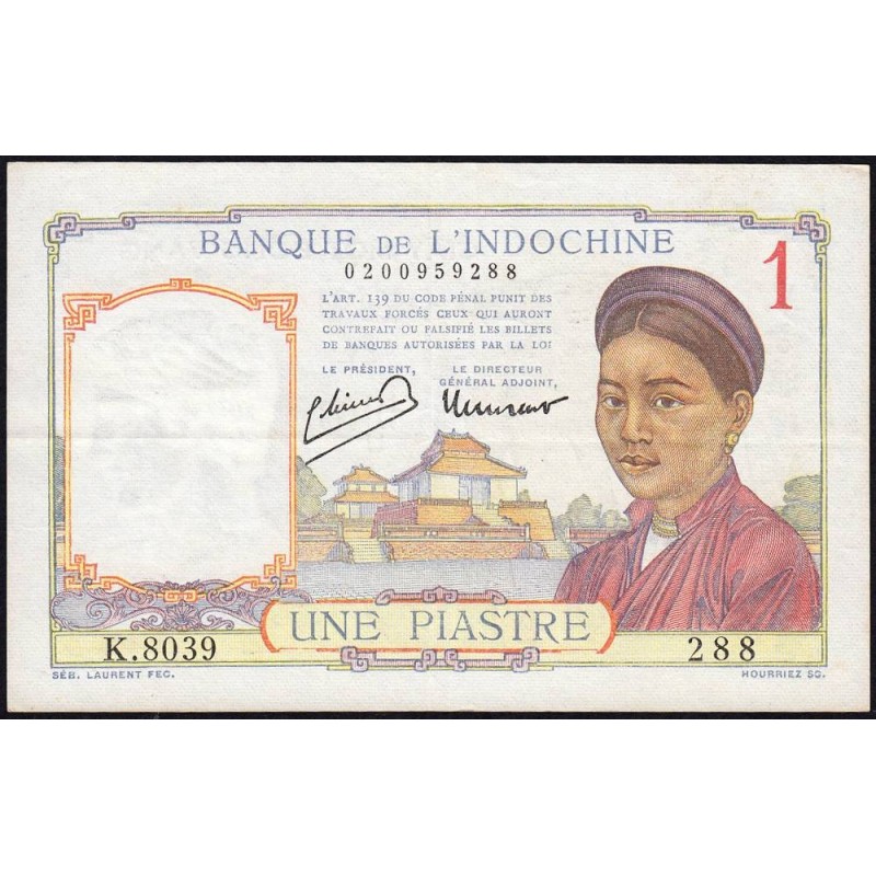 Indochine Française - Pick 54c - 1 piastre - Série K.8039 - 1946 - Etat : TTB+