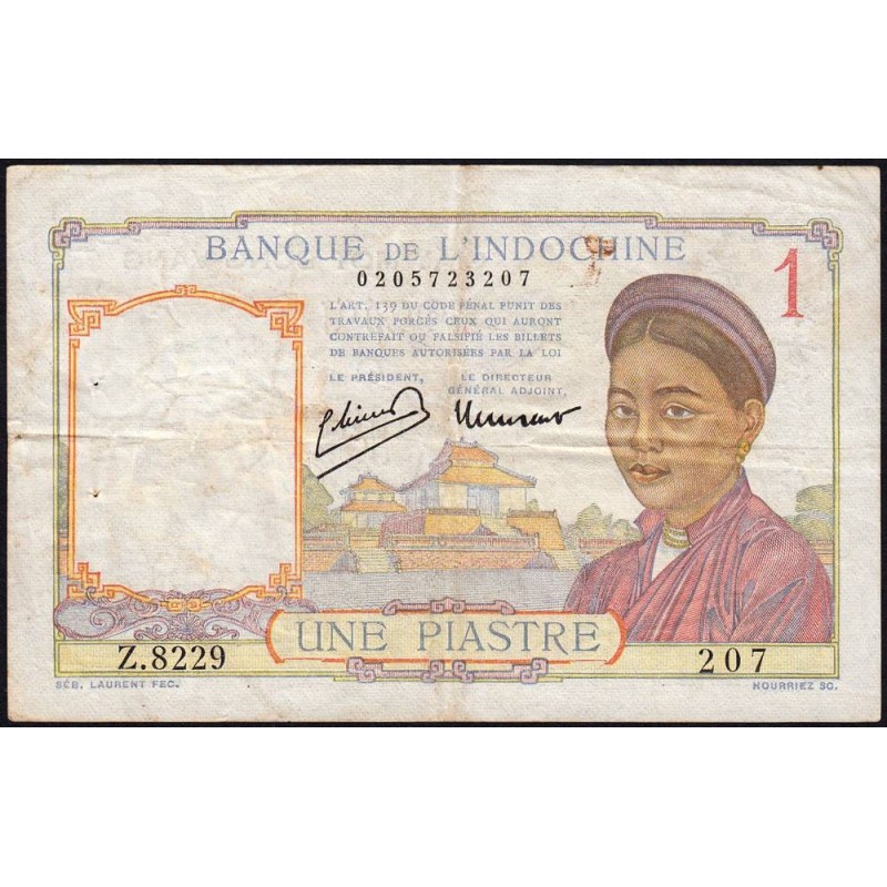 Indochine Française - Pick 54c - 1 piastre - Série Z.8229 - 1946 - Etat : TB-