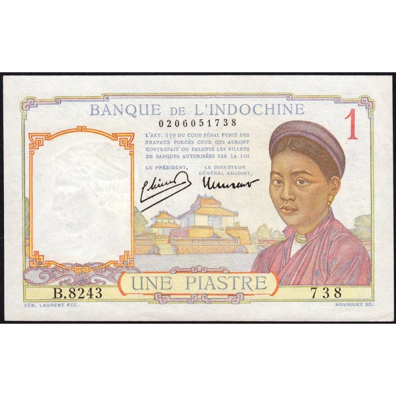 Indochine Française - Pick 54c - 1 piastre - Série B.8243 - 1946 - Etat : SPL