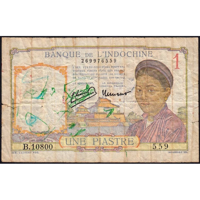Indochine Française - Pick 54d - 1 piastre - Série B.10800 - 1949 - Etat : AB