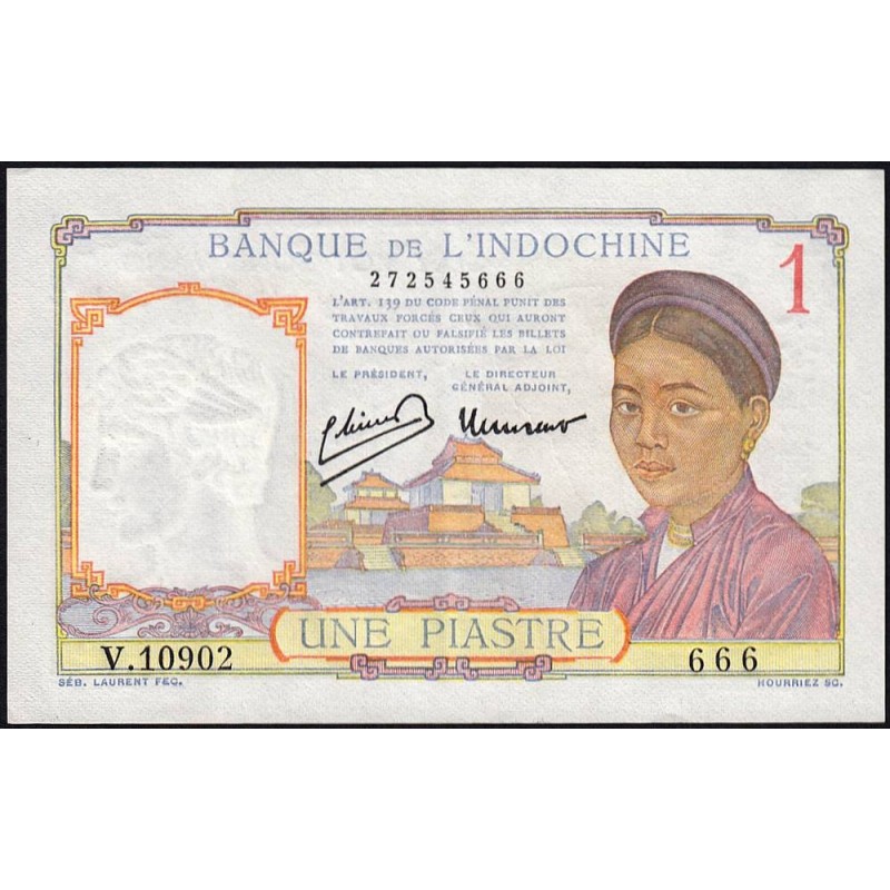Indochine Française - Pick 54d - 1 piastre - Série V.10902 - 1949 - Etat : SUP