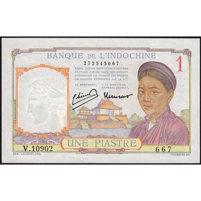 Indochine Française - Pick 54d - 1 piastre - Série V.10902 - 1949 - Etat : SUP