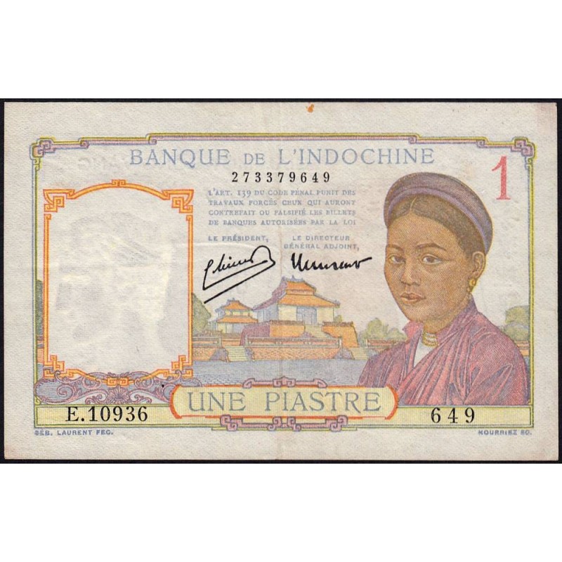 Indochine Française - Pick 54d - 1 piastre - Série E.10936 - 1949 - Etat : TTB