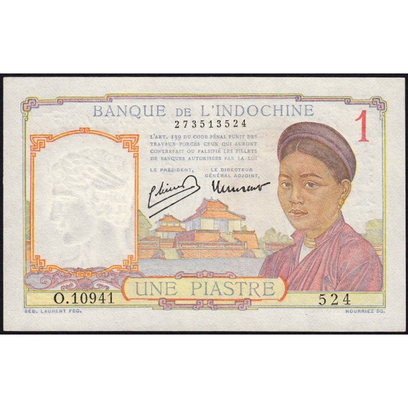 Indochine Française - Pick 54d - 1 piastre - Série O.10941 - 1949 - Etat : SPL+
