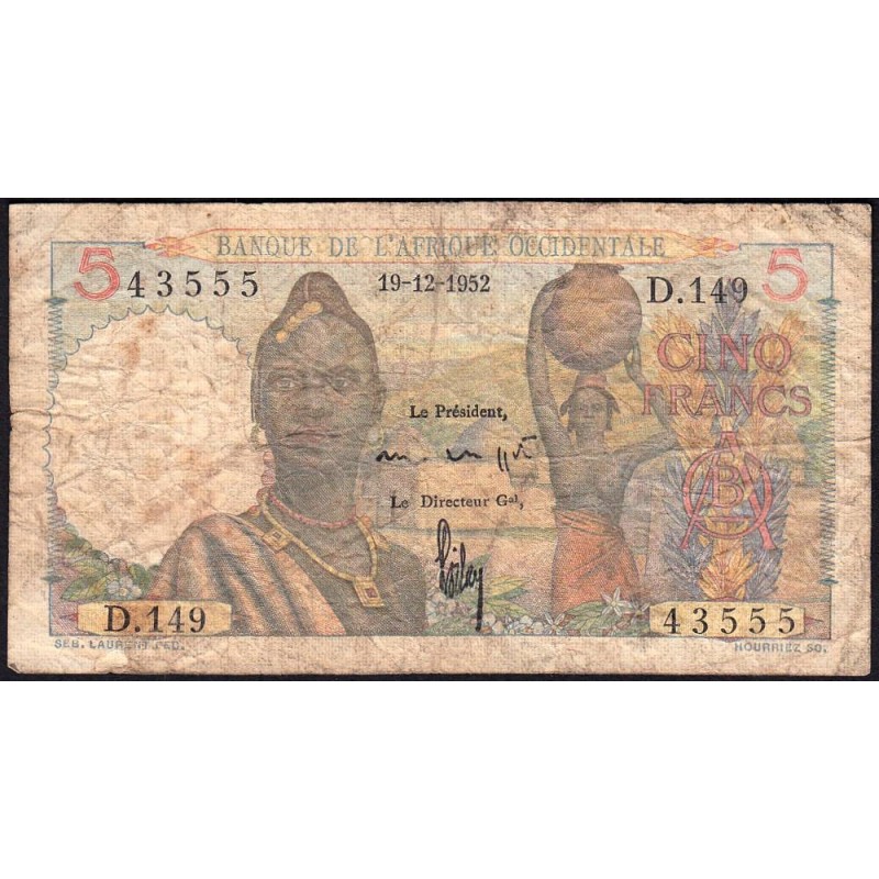 AOF - Pick 36_b8 - 5 francs - Série D.149 - 19/12/1952 - Etat : B