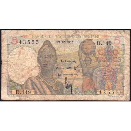 AOF - Pick 36_b8 - 5 francs - Série D.149 - 19/12/1952 - Etat : B