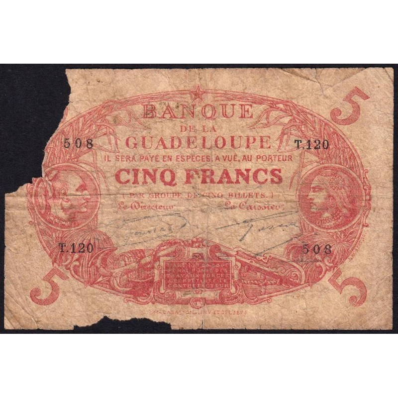 Guadeloupe - Pick 7n - 5 francs - Série T.120 - 1930 - Etat : AB