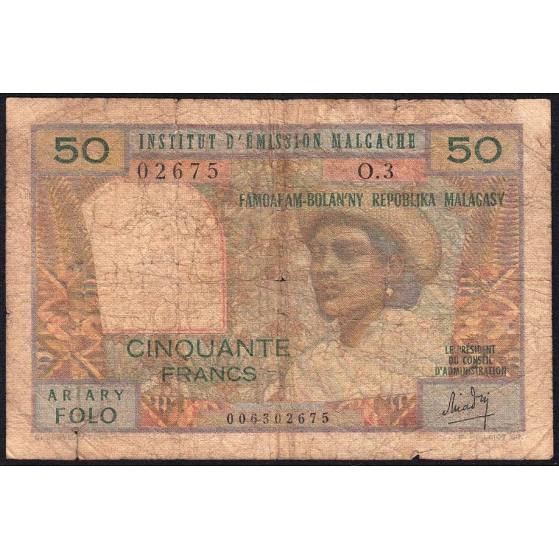 Madagascar - Pick 61a - 50 francs - 10 ariary - Série O.3 - 1969 - Etat : B-