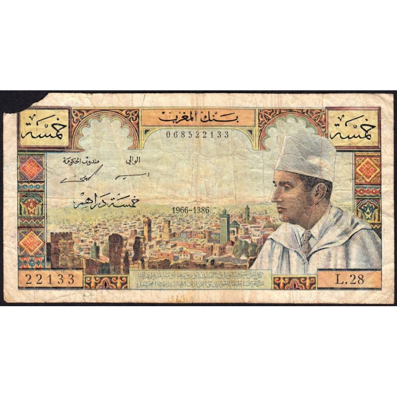 Maroc - Pick 53d - 5 dirhams - Série L.28 - 1966 - Etat : B-