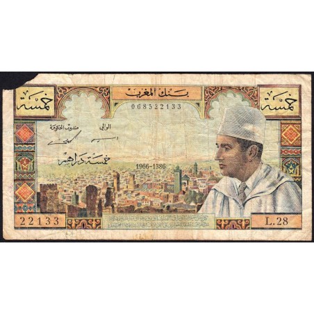 Maroc - Pick 53d - 5 dirhams - Série L.28 - 1966 - Etat : B-