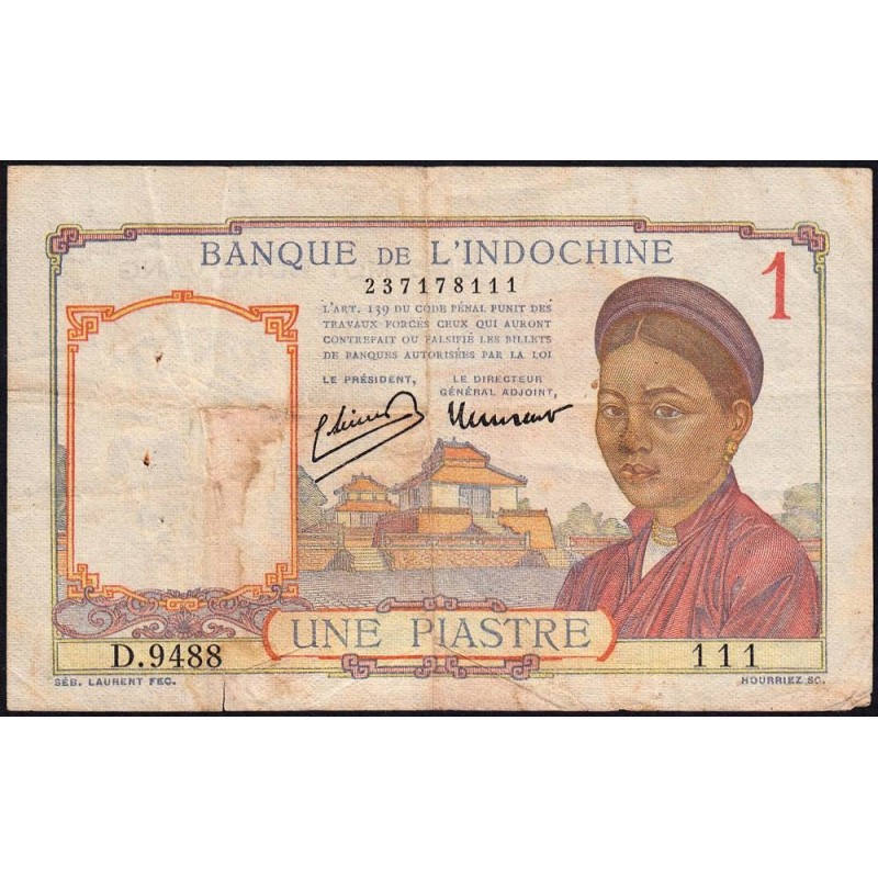 Indochine Française - Pick 54e - 1 piastre - Série D.9488 - 1949 - Etat : TB-