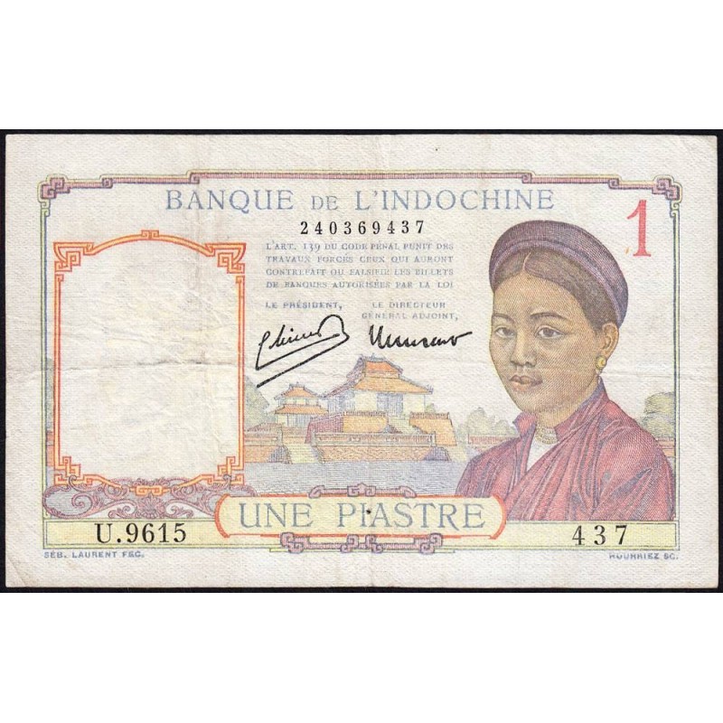 Indochine Française - Pick 54e - 1 piastre - Série U.9615 - 1949 - Etat : TB+