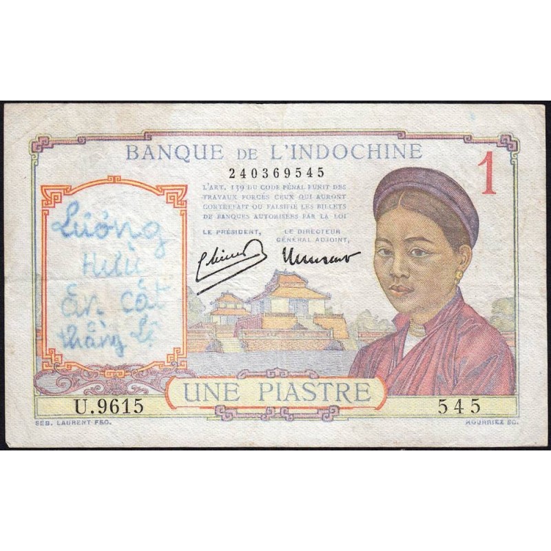 Indochine Française - Pick 54e - 1 piastre - Série U.9615 - 1949 - Etat : B+