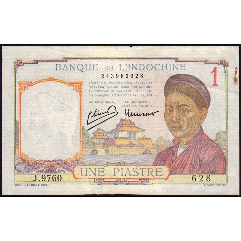 Indochine Française - Pick 54e - 1 piastre - Série J.9760 - 1949 - Etat : TTB-