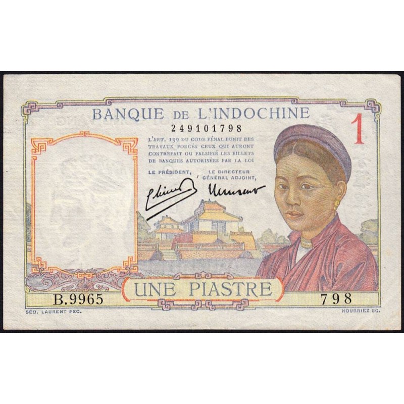 Indochine Française - Pick 54e - 1 piastre - Série B.9965 - 1949 - Etat : TTB+