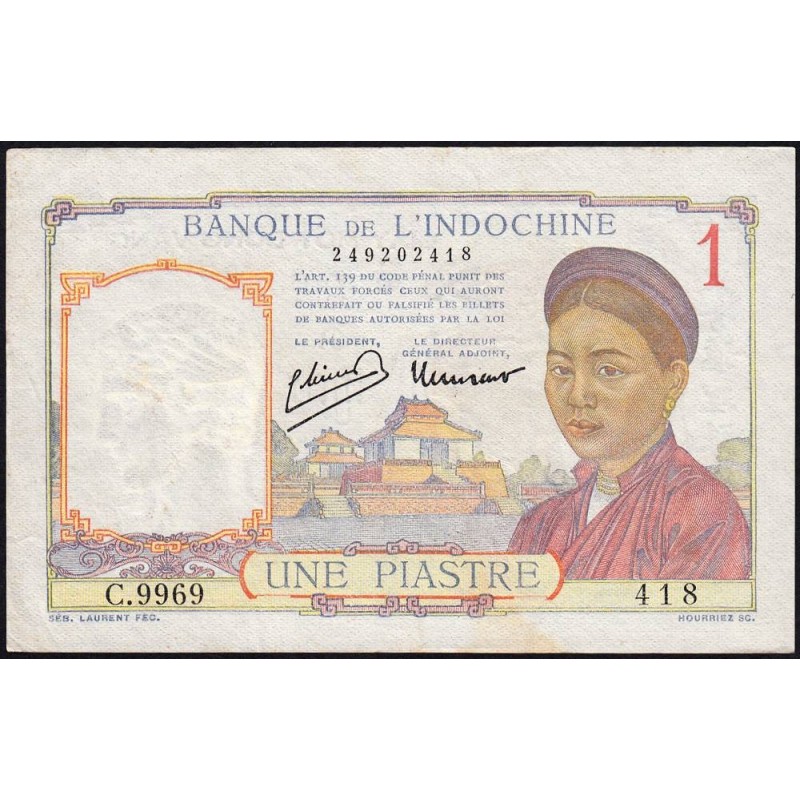 Indochine Française - Pick 54e - 1 piastre - Série C.9969 - 1949 - Etat : TTB+